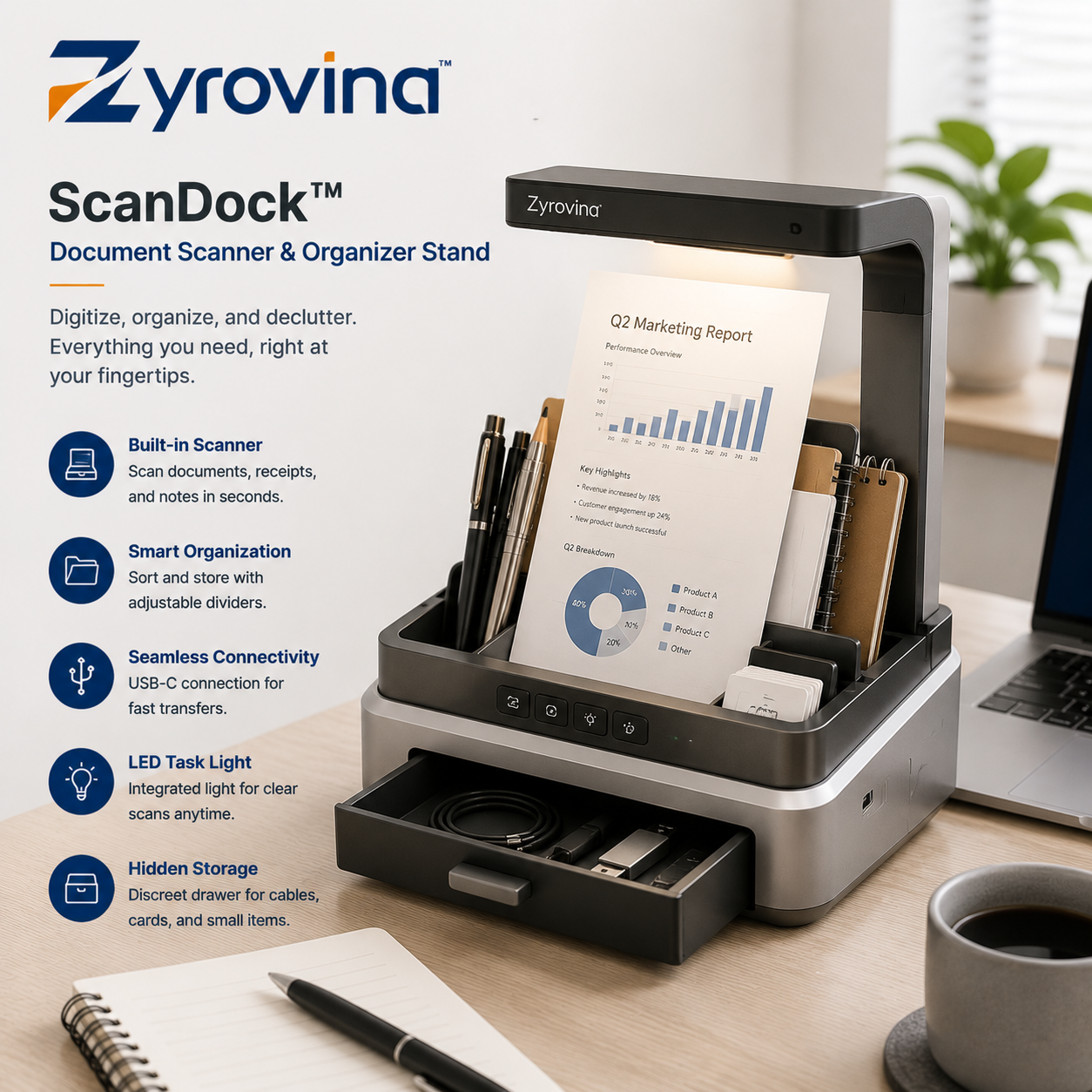 Zyrovina™ ScanDock Document Scanner & Organizer Stand