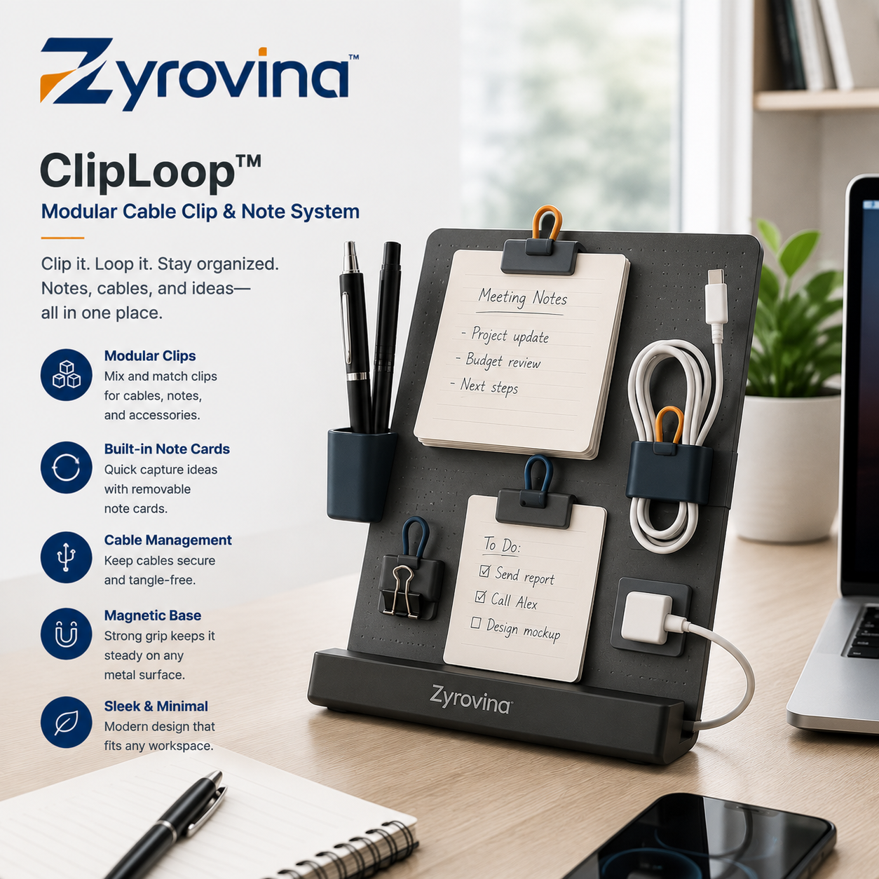 Zyrovina™ ClipLoop Modular Cable Clip & Note Organizer