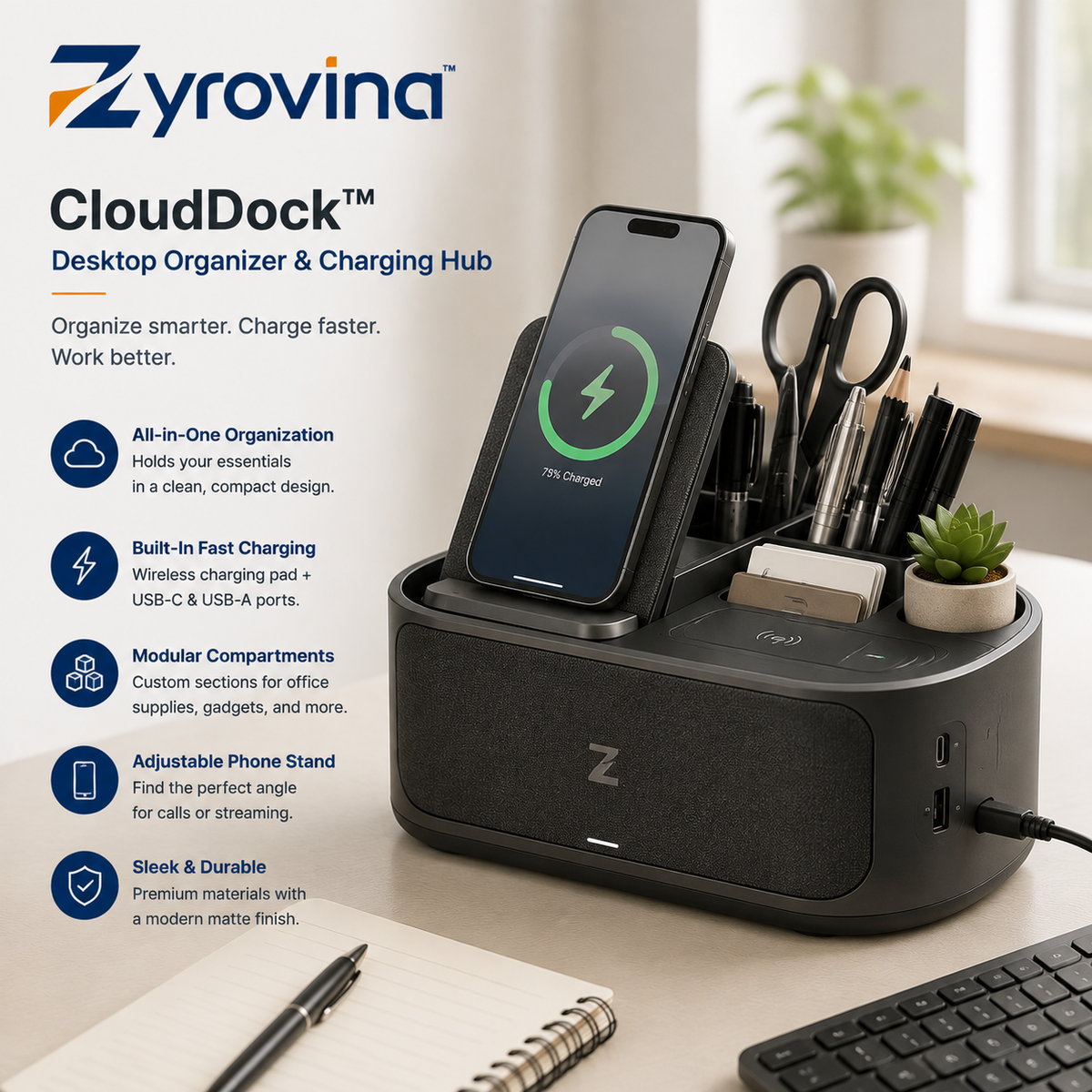 Zyrovina™ CloudDock Desktop Organizer & Charging Hub