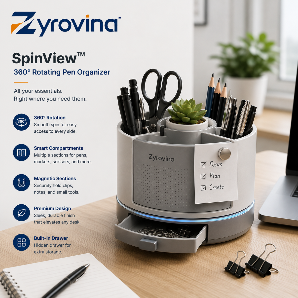 Zyrovina™ SpinView 360° Rotating Pen Organizer