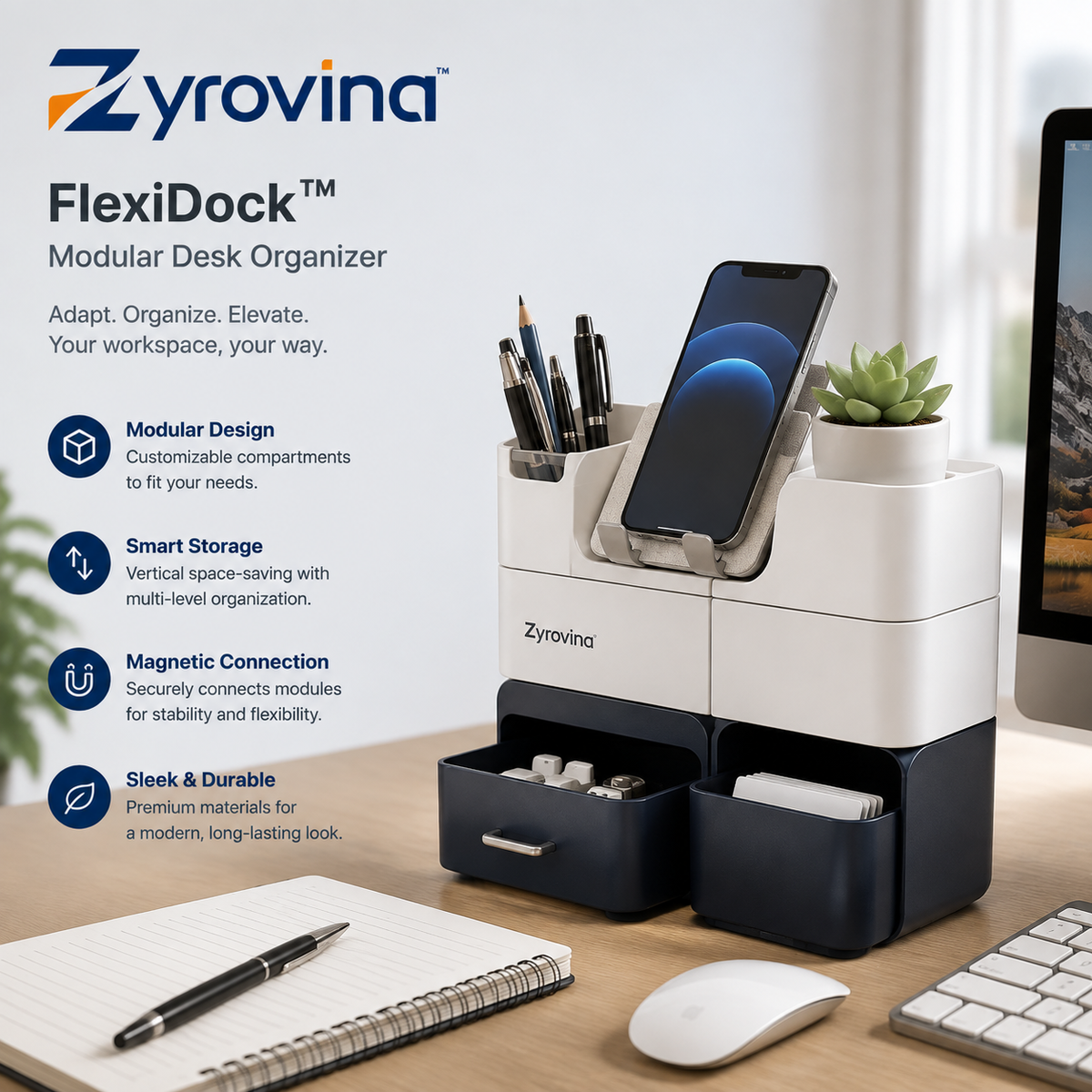 Zyrovina™ FlexiDock Modular Desk Organizer