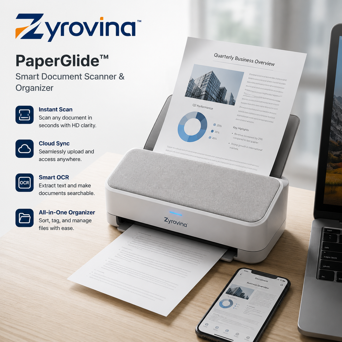 Zyrovina™ PaperGlide Smart Document Scanner & Organizer